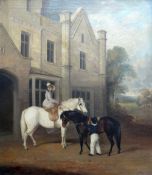 EARLY NINETEENTH CENTURY PRIMITIVE SCHOOL oil on canvas - horse mounted lady seated side saddle on a