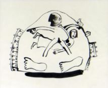 IWAN BALA pen and ink - illustration with two figures, terraced houses and church, signed and