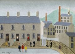 JACK JONES oil on board - Yorkshire street scene with figures, entitled verso 'Houses and Mills,