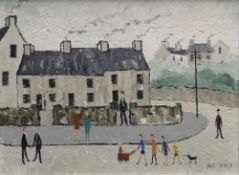 JACK JONES oil on board - street scene with figures, entitled verso 'Cwm Level Road, Brynhyfryd,