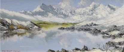 CHARLES WYATT WARREN oil on board - entitled 'Snowdon from Llyn Mymbyr', 23.5 x 54cms