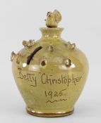 EWENNY POTTERY HEN & CHICKS MONEY BOX of bottle form with hen finial with chick on her back above