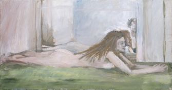 IVOR DAVIES oil on canvas - nude female lying flat with extended arms, inscribed 'I'm hen gyfail Roy