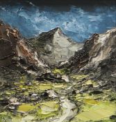 WYN HUGHES oil on board - entitled 'Snowdonian Valley', signed, 22 x 22cms