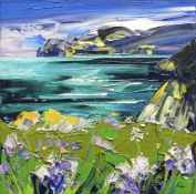 TIM FUDGE oil on linen - colourful coastal flowers with view across bay to headland, entitled