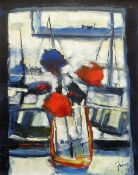PAUL MARTINEZ FRIAS oil on canvas - still-life of flowers in a glass on a window sill, harbour
