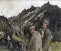 GARETH PARRY oil on canvas - two figures in mountainous landscape, entitled verso 'Two Men in a