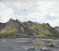 MARTIN LLEWELYN oil on canvas - view across lake towards mountains, entitled verso 'Y Garn From Llyn