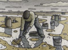 ALAN WILLIAMS acrylic on rag paper - figure raking, entitled verso 'Cockle Fisherman', signed, 39
