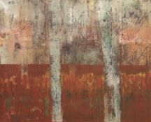 OSI RHYS OSMOND mixed media on canvas - naturalistic abstract with trees, entitled verso 'Taith Y