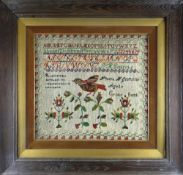 VICTORIAN WELSH WOOLWORK SAMPLER BY PHEBE H GRIFFITHS AGED 11 OF CROES GOCH with alphabets,