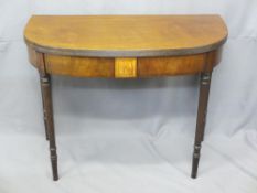 REGENCY MAHOGANY FOLD-OVER TEA TABLE with central walnut block on turned and reeded supports, 71.