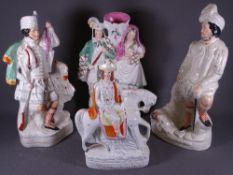 FOUR STAFFORDSHIRE FLATBACK FIGURINES including Tom king on horseback, Lion Slayer ETC