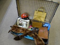 VINTAGE TRAVEL TRUNK & CONTENTS including a Jones Meccano sewing maching, toy Harley Davidson