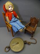 TWO APPRENTICE PIECE OAK ARMCHAIRS with a cloth bodied doll and a salters spring balance to weigh