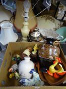GOUDA HOLLAND VASE, chicken and rooster collectables and a selection of table lamps and shades ETC