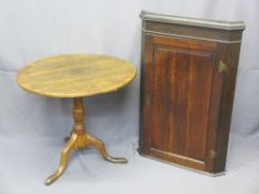TWO ANTIQUE OAK FURNITURE ITEMS including a wall hanging corner cupboard with single chamfered panel