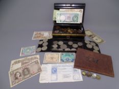 BRITISH, OVERSEAS BANK NOTES, coinage and crowns contained in a Japanned cash tin and leather