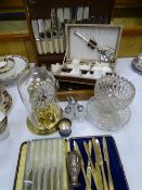 PART CANTEEN of bone handled cutlery, other flatware, silver, modern anniversary clock ETC