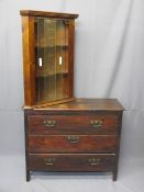 VINTAGE THREE DRAWER CHEST and a modern corner display cabinet with shaped shelves, 74cms H, 92cms
