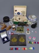 WWII COMMEMORATIVE & ARMED FORCES BADGES and other mixed collectables including an Art Deco style