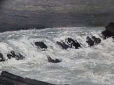 WILF ROBERTS oil and acryclic - waves on a rocky shore, signed and dated 2002, 17.5 x 25cms
