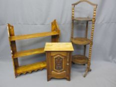 THREE VINTAGE OCCASIONAL FURNITURE ITEMS including a small single door cabinet with carved detail, a