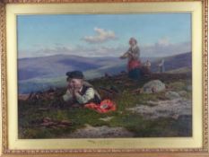 J T BANKS oil on canvas - titled 'Peat Gatherers', named and titled to the mount, 31.5 x 45cms