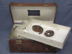 VINTAGE TRAVEL TRUNK, brass mounted with leather straps and carry handles, an interior lift-out