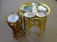 FOLDING BRASS TOP TABLE, planter stand with a small quantity of collector's china including a pair