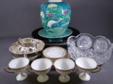 FOUR LIMOGES CABINET TRIOS, oriental Majolica ginger jar and other interesting items of pottery