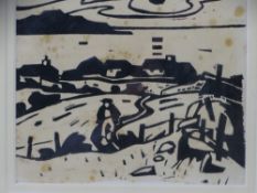 SIR KYFFIN WILLIAMS RA woodcut - Anglesey farmer before a row of cottages, unsigned, 13.25 x 15.