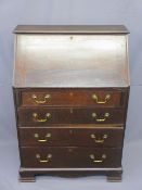 VINTAGE OAK FALL-FRONT BUREAU having four lower drawers with brass swan neck handles on corner