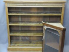 VINTAGE OAK REEDED BOOKCASE and small wall hanging corner display cabinet, 114cms H, 122.5cms W,