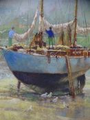STANLEY COOK mixed media - men working on a yacht, 30 x 20cms