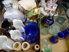 MIXED POTTERY, porcelain and glassware including a flying fish decorated moon shape flask, Victorian