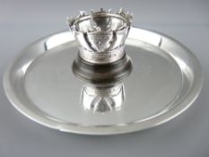 SILVER NAVAL DISH TRAY, Edwardian on bun feet and with central naval crown mounted to wood plinth,
