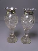 CUT GLASS BUD VASES with frilly silver collars, a pair, Birmingham 1908, maker Arthur Joseph