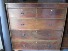 VICTORIAN MAHOGANY CHEST of two short over three long drawers, having ring pull handles and ivory