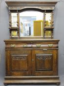 OAK MIRROR BACK SIDEBOARD with carved panel detail and Art Nouveau drawer handles, 186cms H,