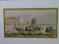 M H FRESHWATE watercolour - cliffside view with sailboat and beachcombers to the foreground, 17 x