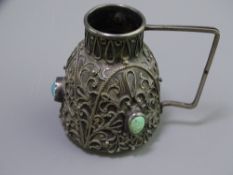 CONTINENTAL FILIGREE OVERLAY & TURQUOISE MOUNTED WHITE METAL JUG, 5.5cms H, makers stamp to the