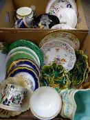 MAJOLICA, GREENLEAF WARE, cabinet plates and other interesting items, a quantity in two boxes