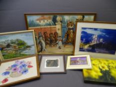 LOUIS WAIN STYLE COMICAL PRINT with a quantity of other pictures and prints