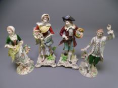 SITZENDORF FIGURINES, two pairs including a late 19th century pair of a well dressed gentleman and a
