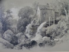 J D HARDING black and white print - 'Pandy Mill', 27 x 37cms