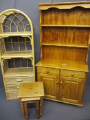 NEAT REPRODUCTION PINE DRESSER, bamboo storage rack and two occasional tables