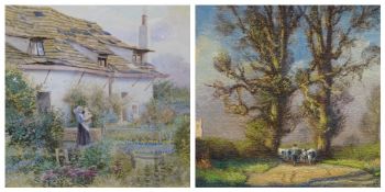 KENNETH DENTON (born 1932) oil on board - rural scene with church tower and farmer with cattle on