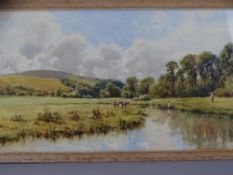H MOXON COOK watercolour - countryside river scene with cattle and women to the foreground, 27.5 x