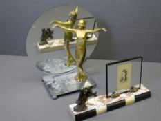 ART DECO TABLE MIRROR and photograph frame, circular format mirror on a chrome base having a stylish